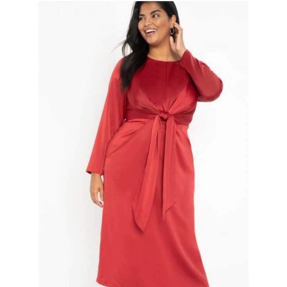 ELOQUII Red Satin Tie Front Midi Dress‎ Women's Size 26 NEW wedding guest event